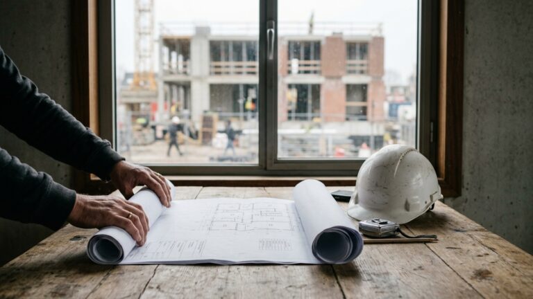 A rolled set of building drawings and a hard hat on a table overlooking a Dutch construction site