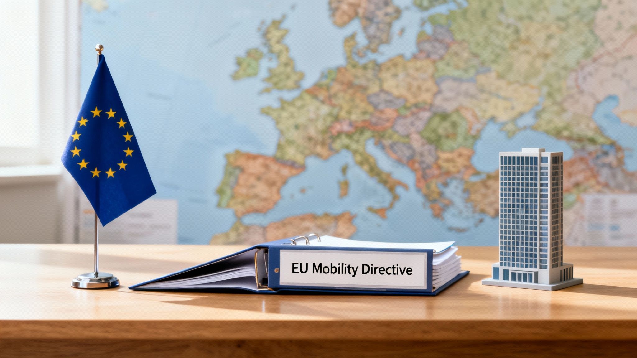 A desk setup featuring an EU flag, an 'EU Mobility Directive' binder, and a miniature building.
