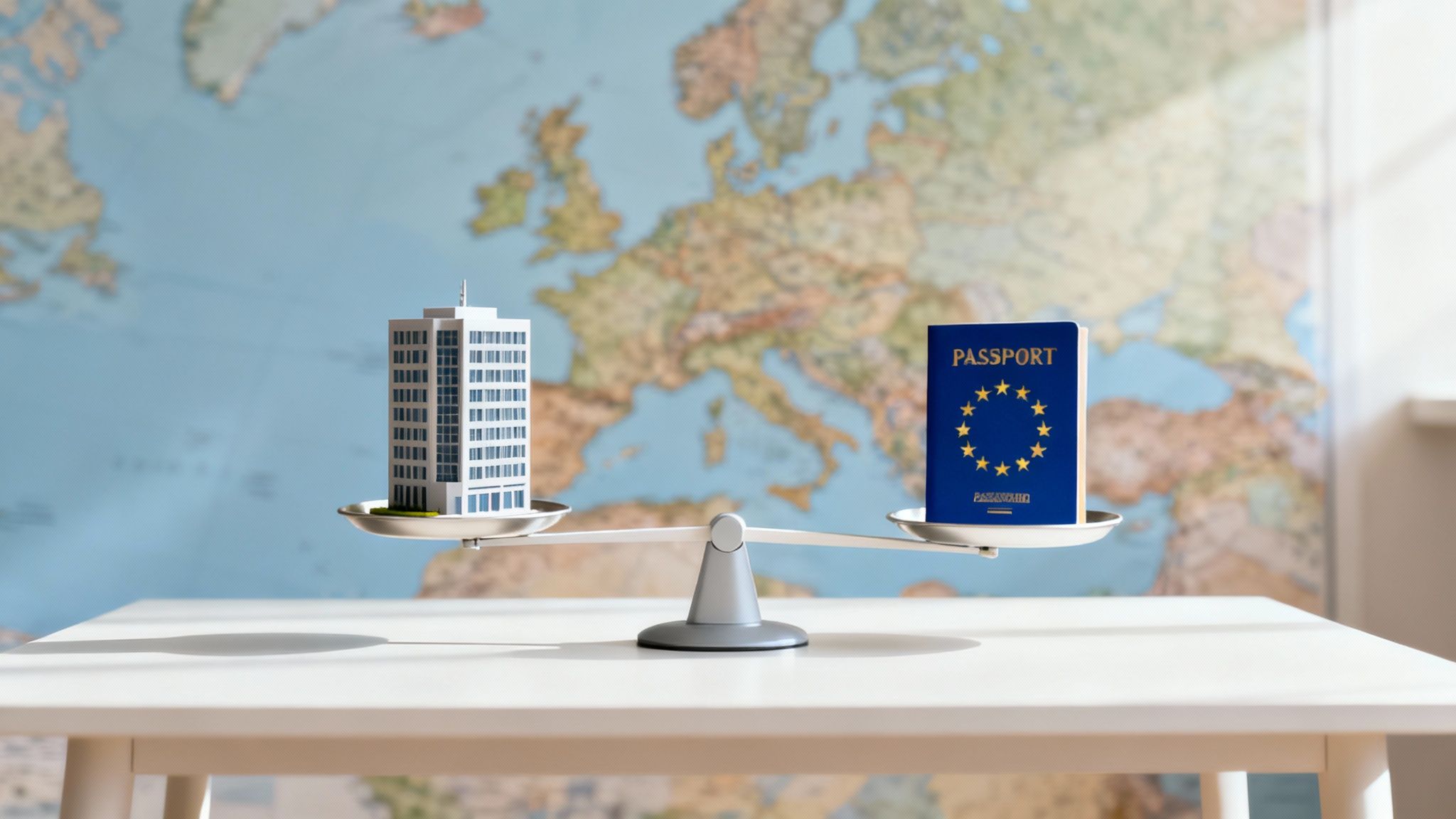 A balance scale weighing a miniature building on one side and a European Union passport on the other.