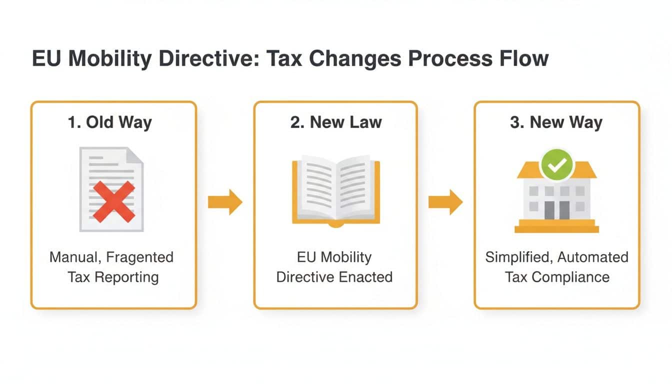 Flowchart illustrating the transition from manual tax reporting to automated compliance due to the EU Mobility Directive.