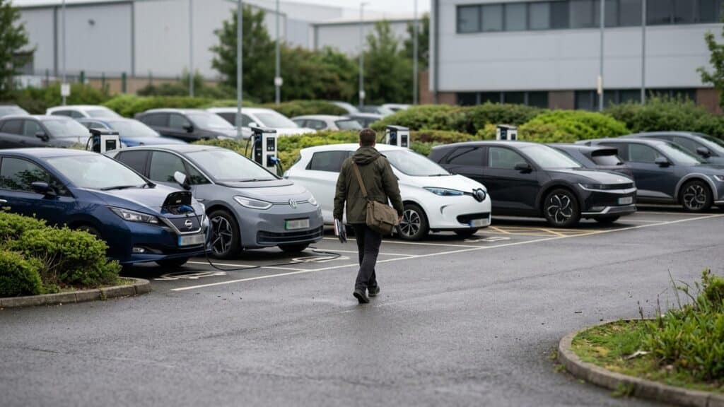 Electric cars charging at a company car park on an overcast day