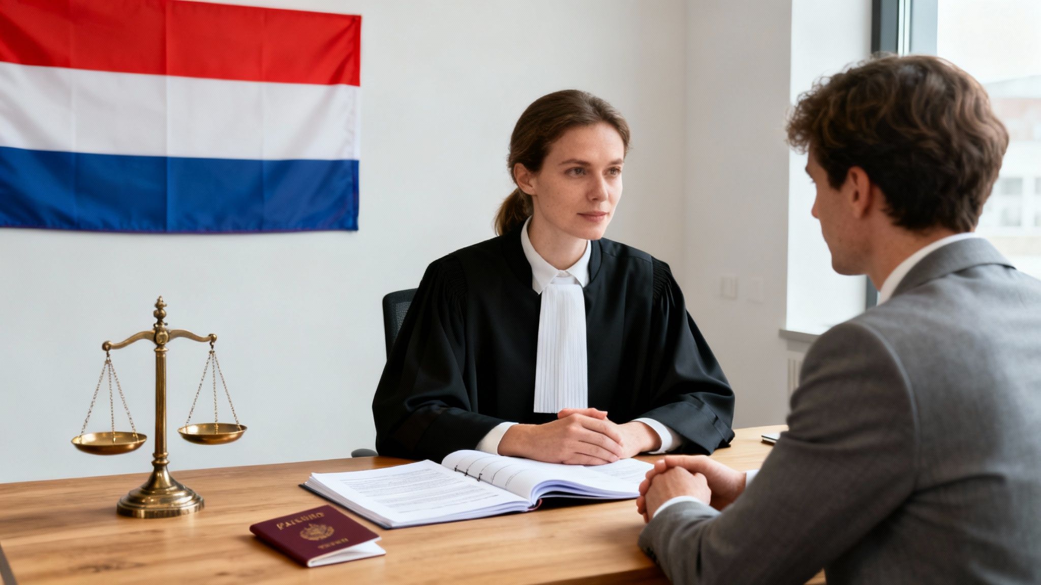 A female judge or lawyer consults with a male client, justice scales and Dutch flag visible.