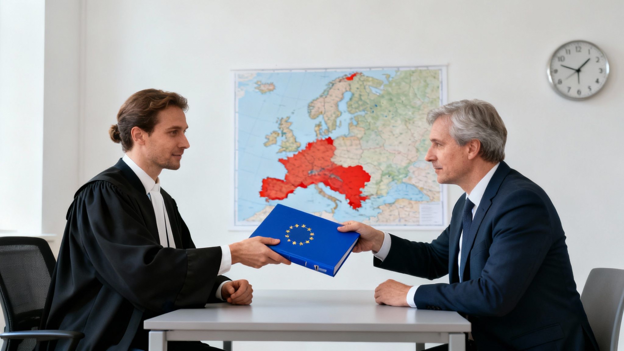 Two men, a lawyer and a businessman, exchange a blue book with an EU flag in an office.