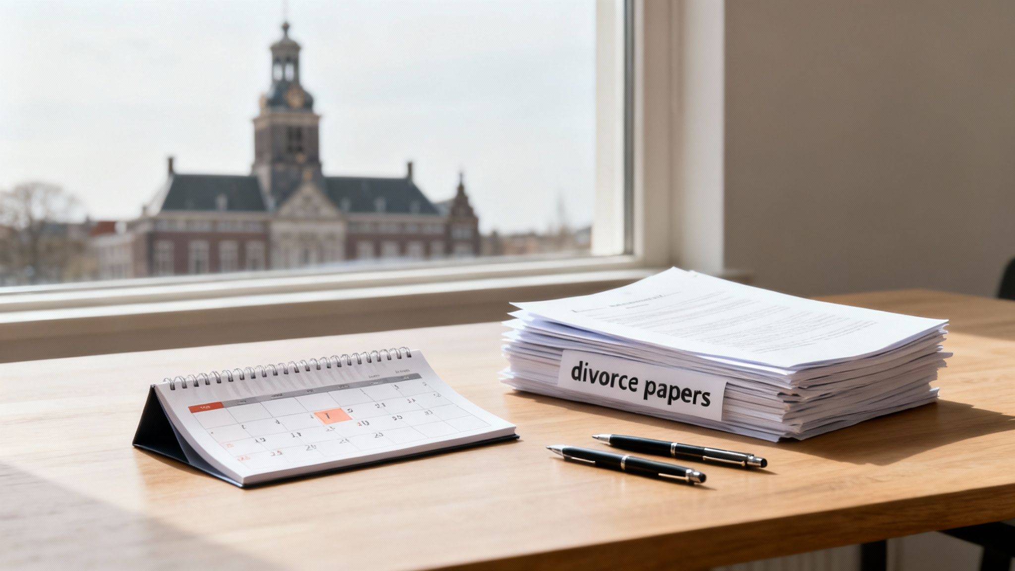 A desk with a stack of divorce papers, a calendar, and pens, with a building in the background.