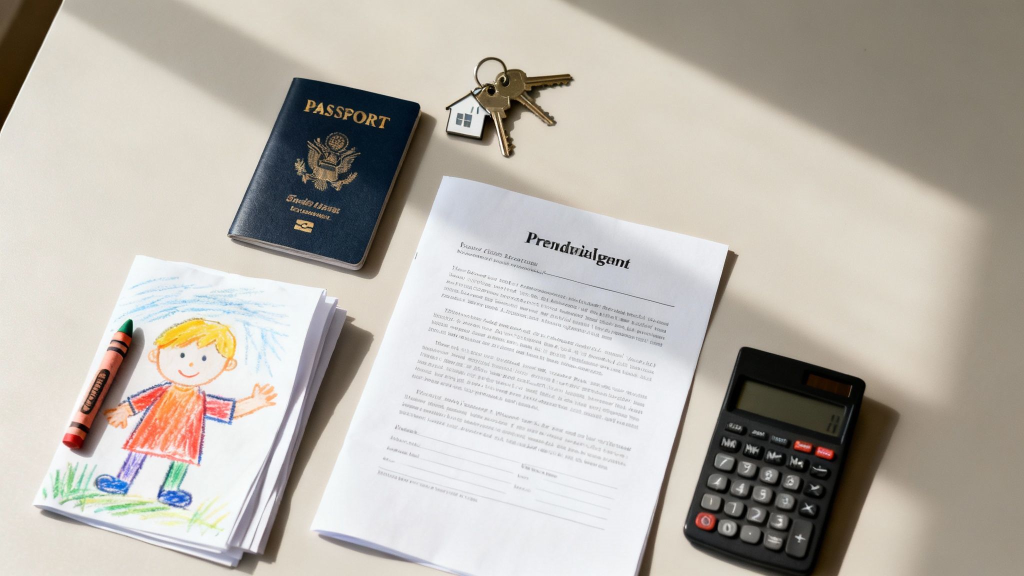 A U.S. passport, house keys, documents, a calculator, and a child's drawing on a table.