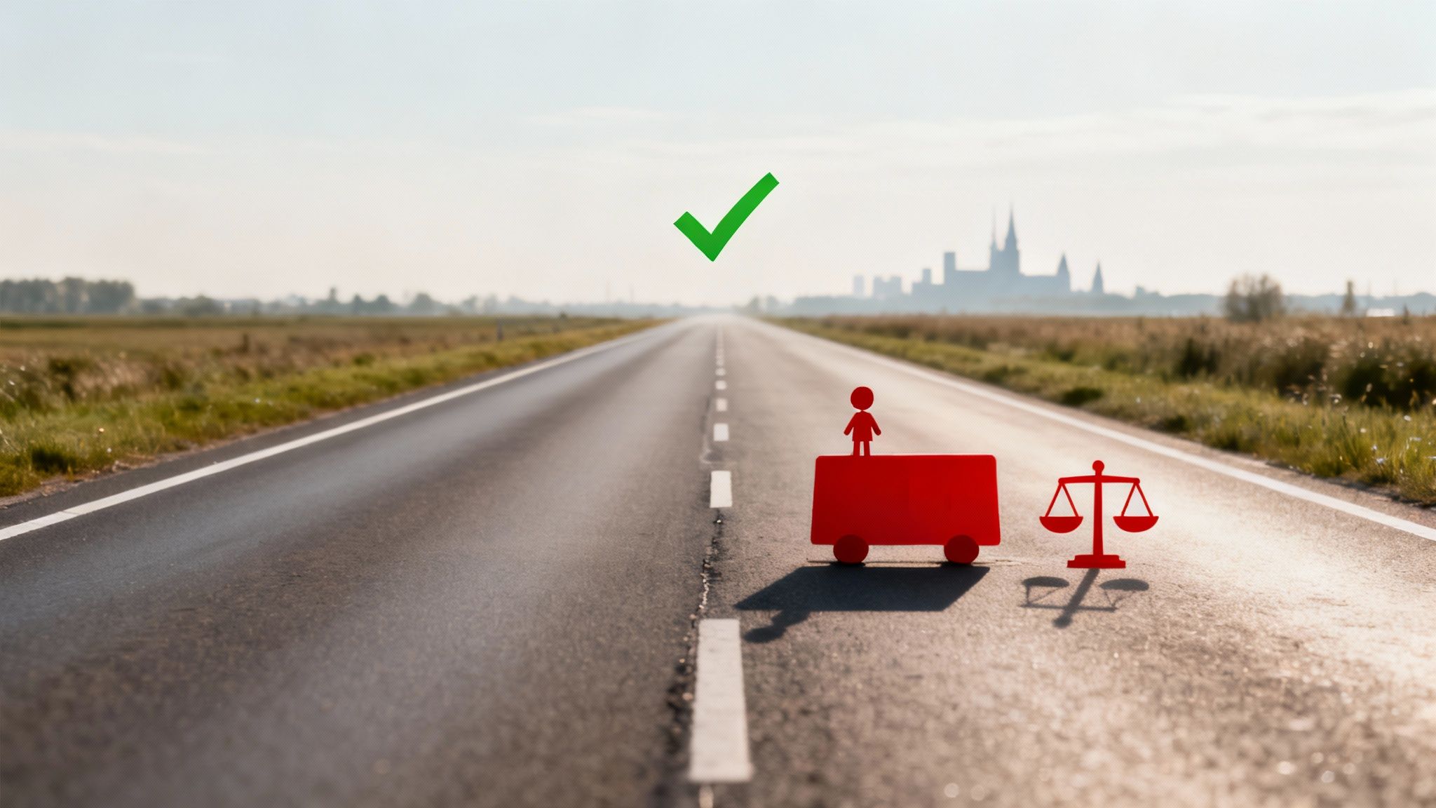 A long road with a person on a red cart, justice scales, and a green checkmark, symbolizing a legal journey.