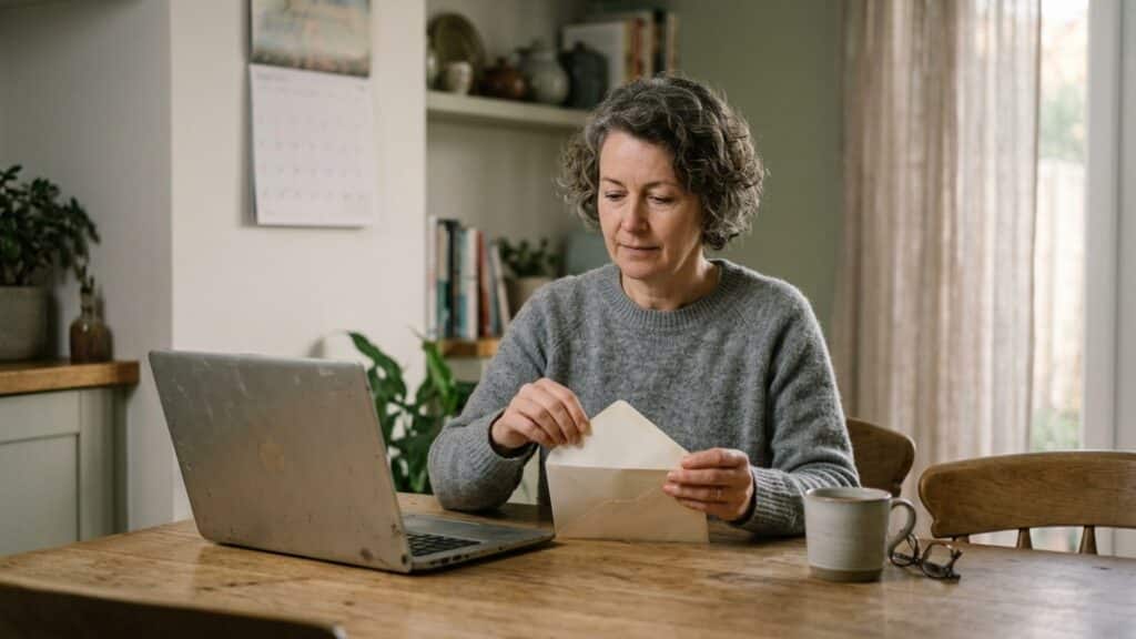 Someone opening an official letter at a kitchen table in the evening