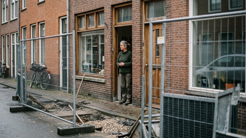 A small shop open for business behind roadworks and barriers on a Dutch street