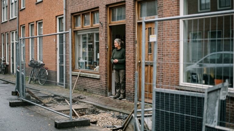 A small shop open for business behind roadworks and barriers on a Dutch street