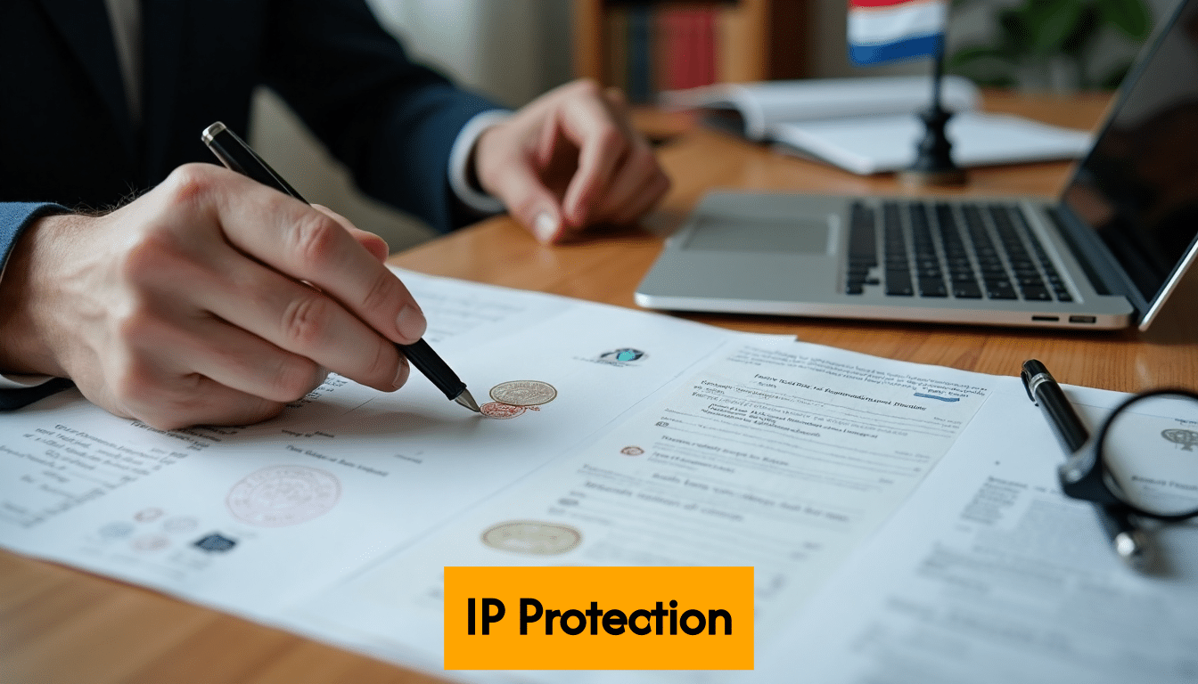 Hands reviewing intellectual property legal documents