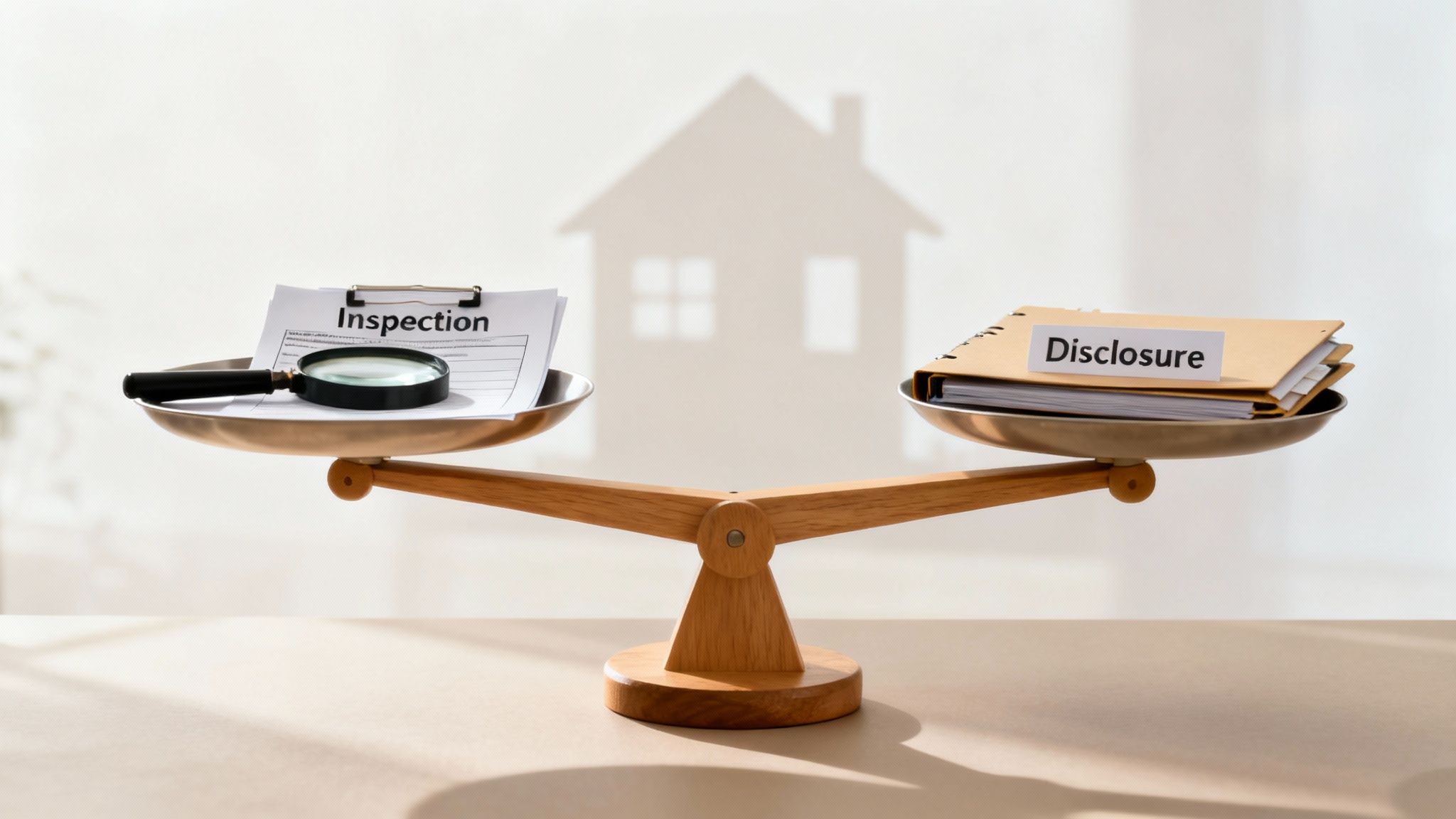 Real estate inspection and disclosure documents balanced on a scale, with a house silhouette.