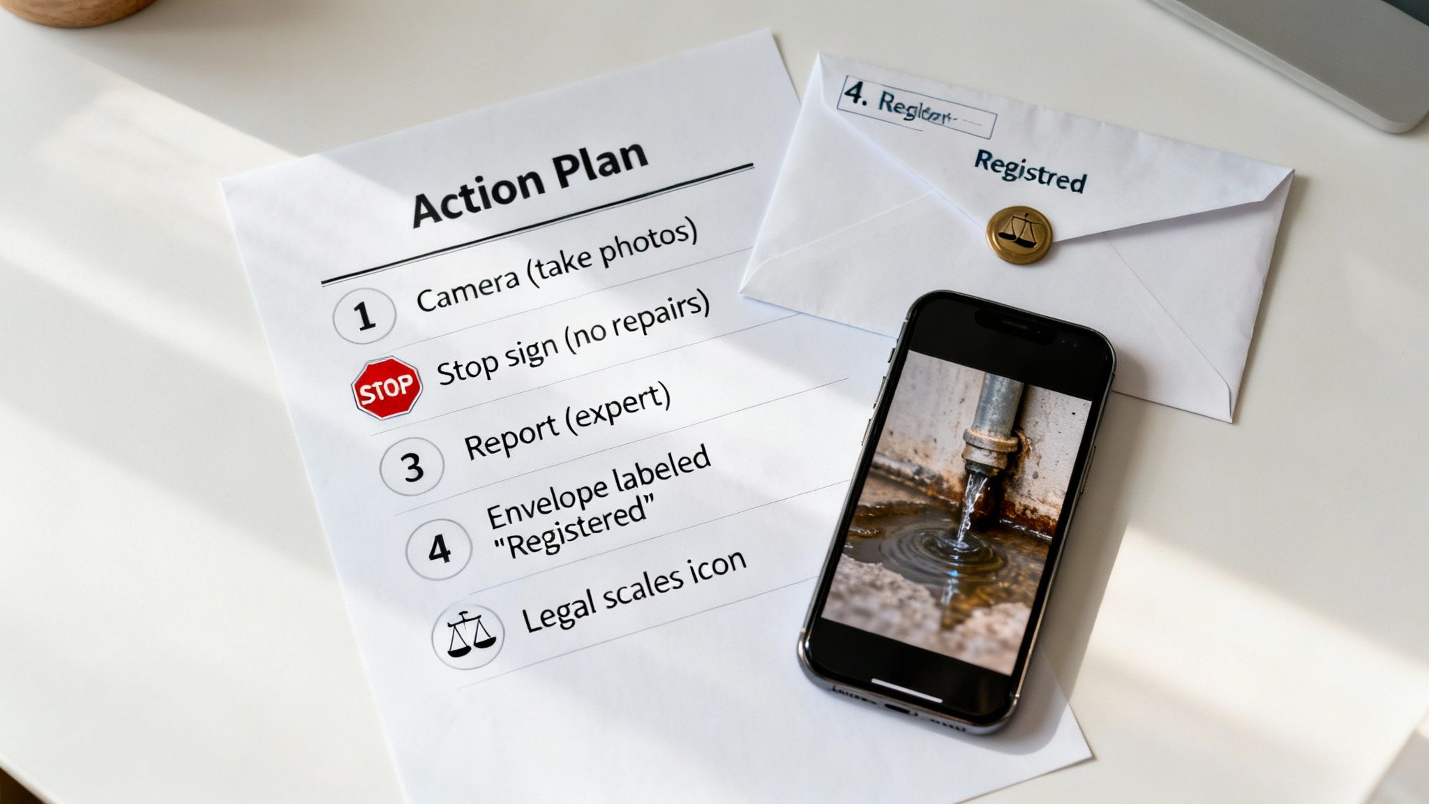 A legal action plan with steps, a smartphone showing a leaky pipe, and a registered envelope.