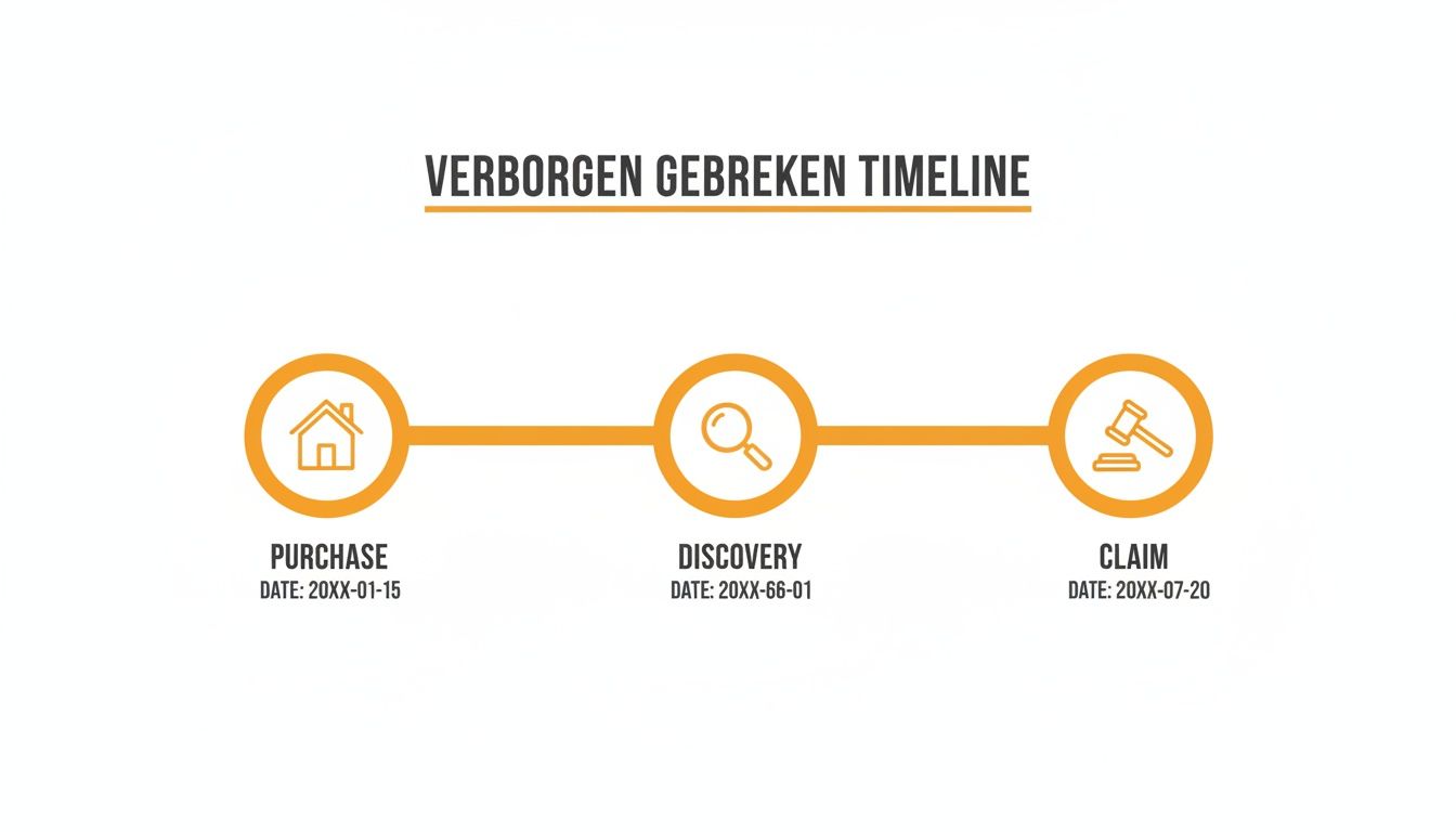 A timeline diagram illustrating three steps: Purchase, Discovery, and Claim, each with a date and icon.