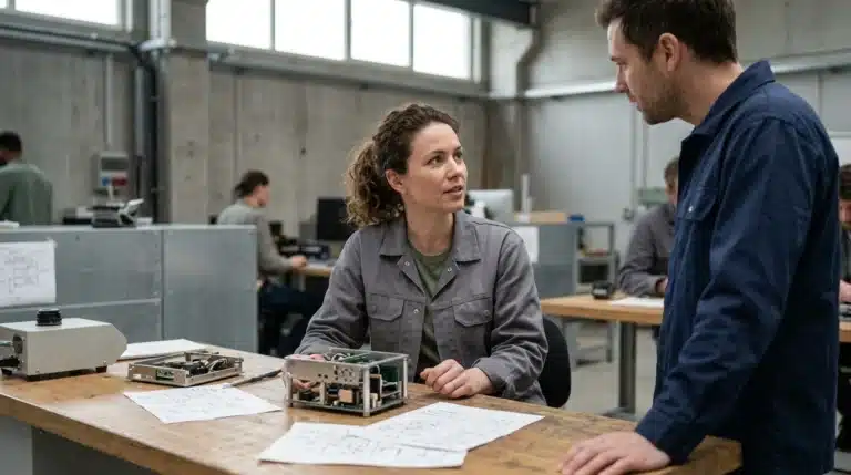 A woman and a man examining a technical model on a workbench in an open-plan workspace