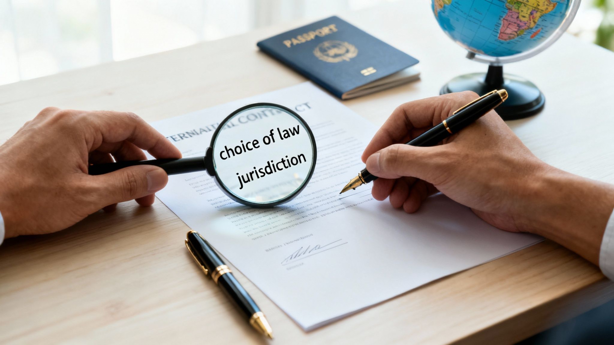 Hands examining a legal contract, focusing on 'choice of law jurisdiction' with a magnifying glass.