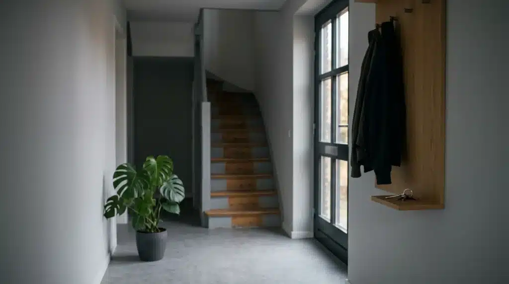 An empty hallway with a staircase, coat hooks and a houseplant