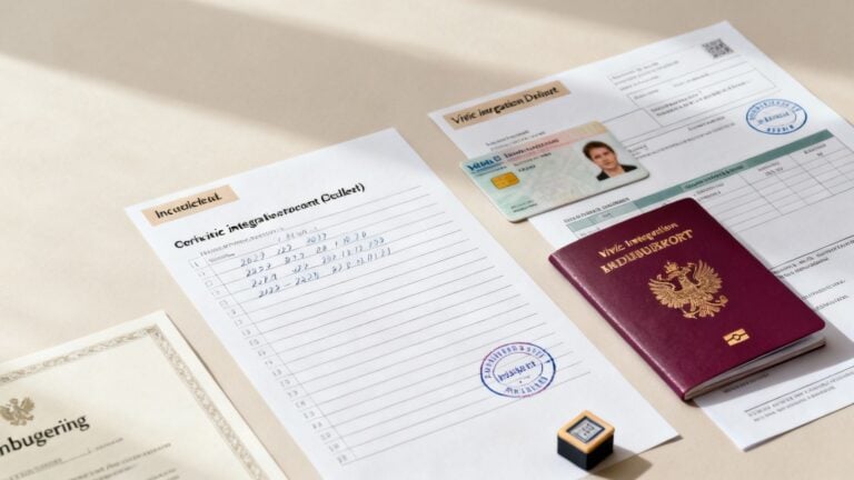 A passport, residence documents and a stamped certificate lying on a desk