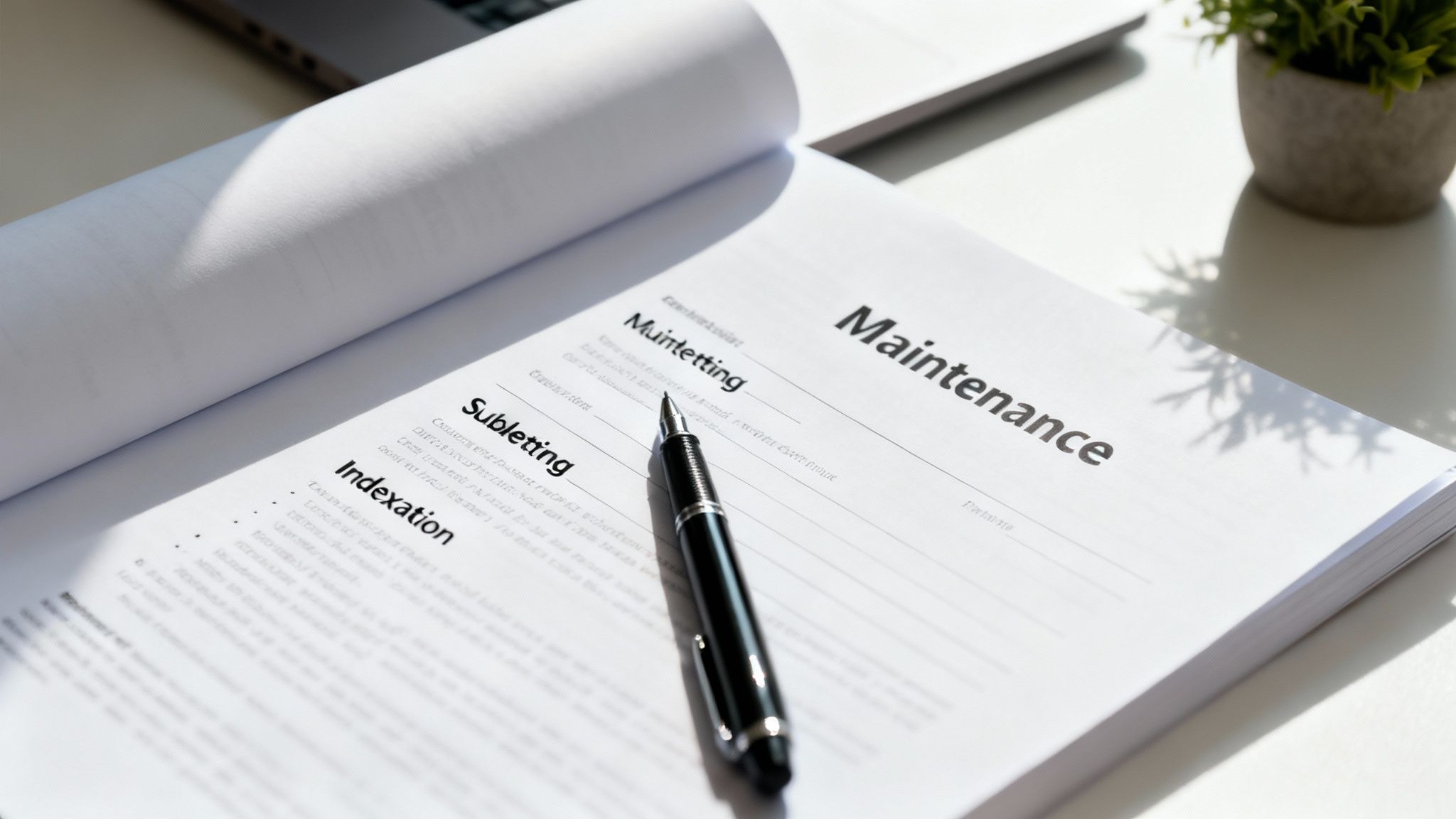 A document or book is open on a white desk, showing headings like Maintenance and Subletting, with a pen.