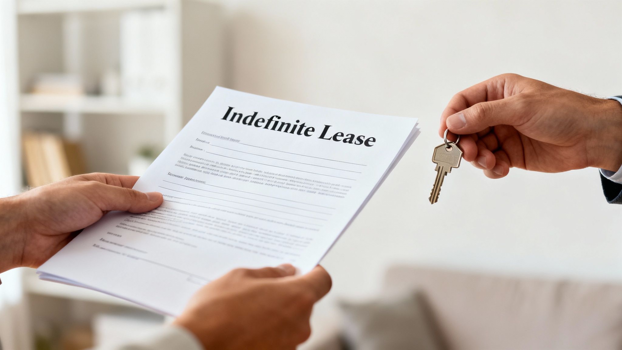 Hands exchanging a house key and an 'Indefinite Lease' document, symbolizing a rental agreement.