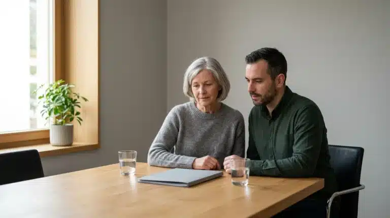 An older woman and a man looking together at a document at a dining table