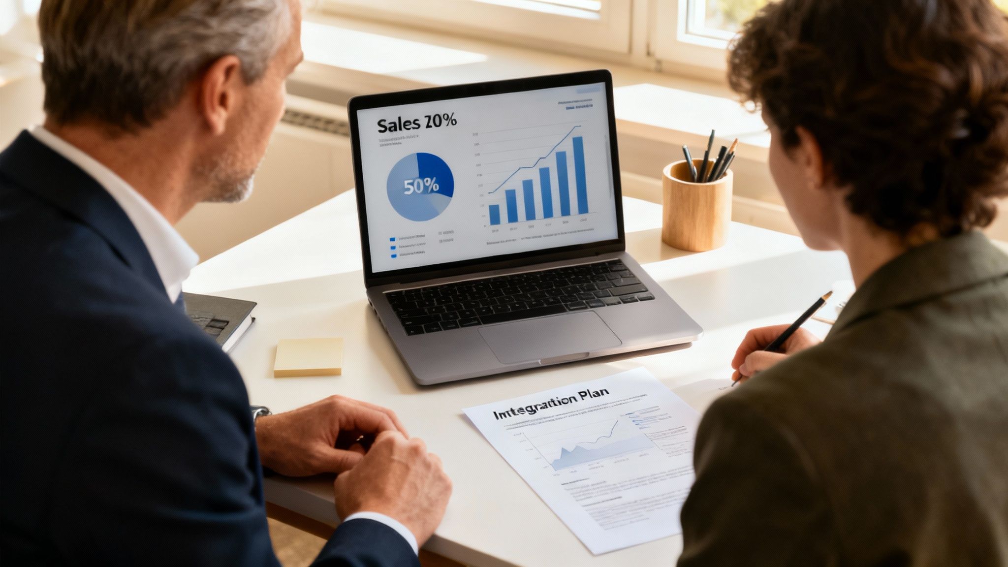 Two business professionals reviewing integration plan document with sales analytics on laptop screen