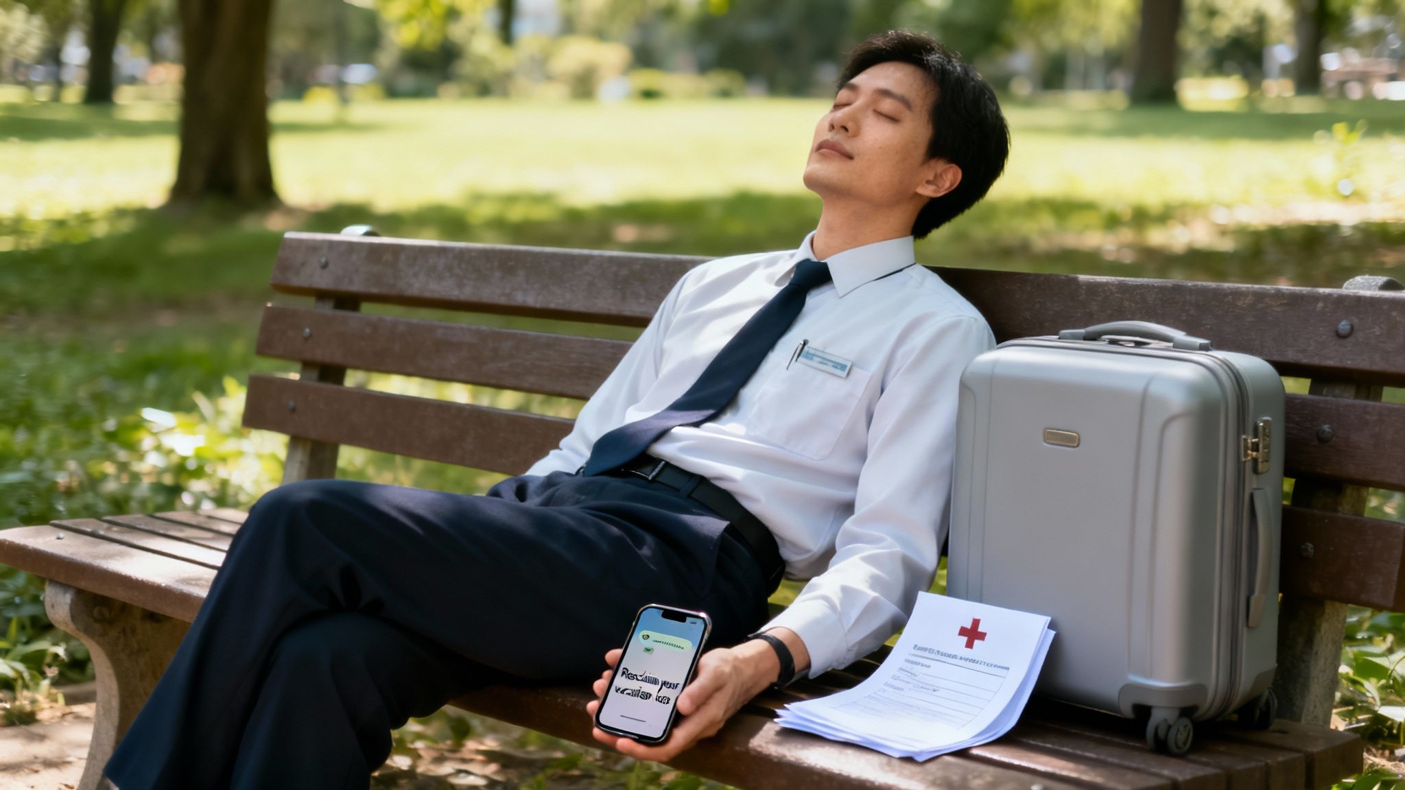 Businessman relaxing on park bench with smartphone, suitcase, and medical documents during sick leave