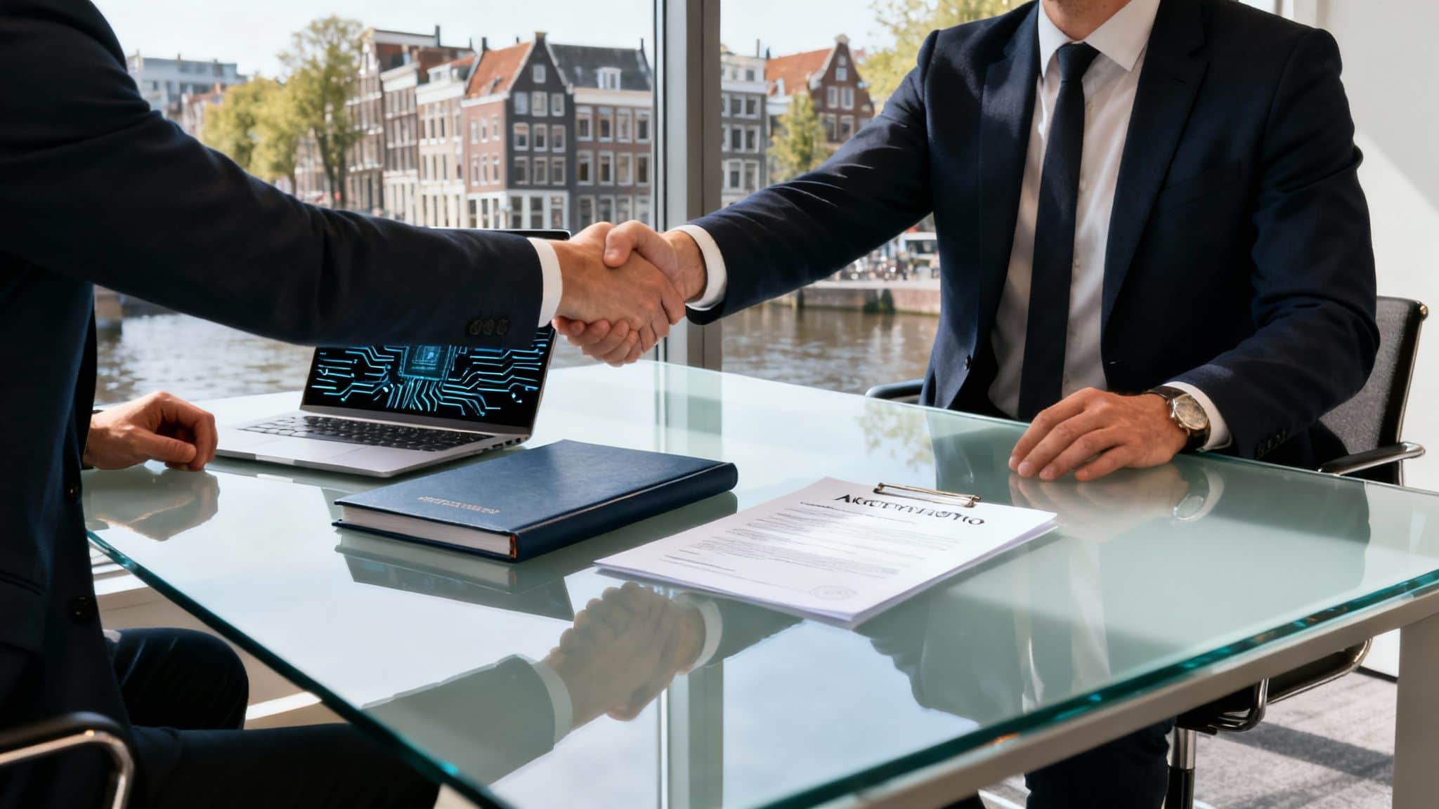 Two businessmen shaking hands across a glass desk with a laptop and documents, overlooking a city canal.