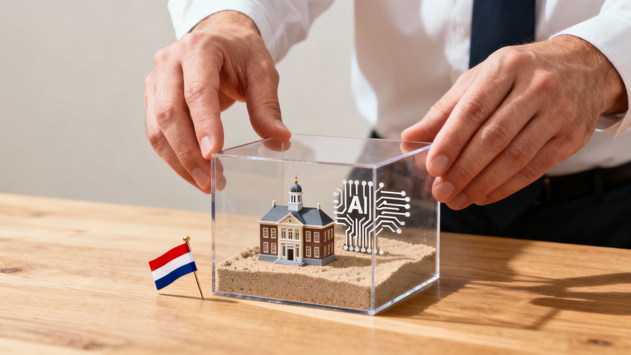 In persoan pleatst in trochsichtige doaze mei in miniatuergebou en in AI-logo op sân neist in Nederlânske flagge.