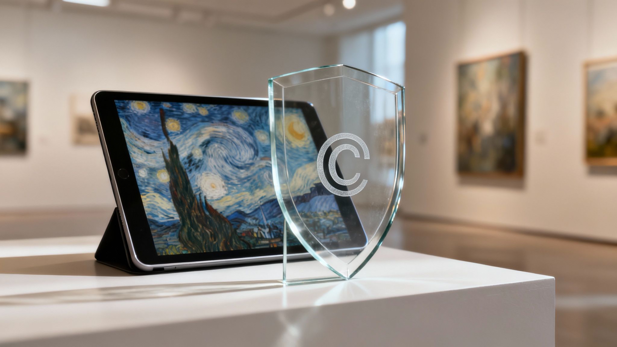 In tablet mei "De Stjerrennacht" en in glêzen skyld mei in auteursrjochtsymboal yn in keunstgalery.