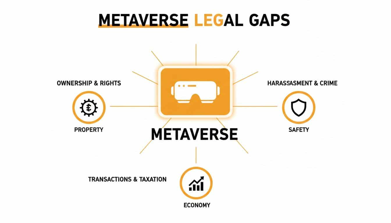 Diagram dat juridyske tekoarten yn 'e Metaverse yllustrearret, mei de fokus op eigendom, ekonomy en feiligens.