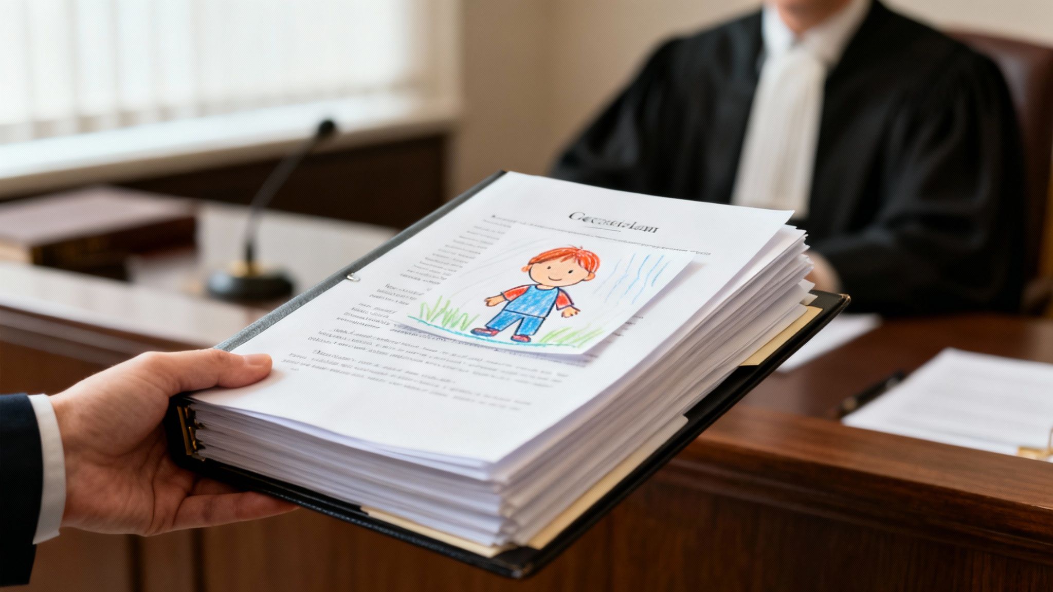 A hand presents court documents with a child's drawing of a boy to a robed official in a courtroom.