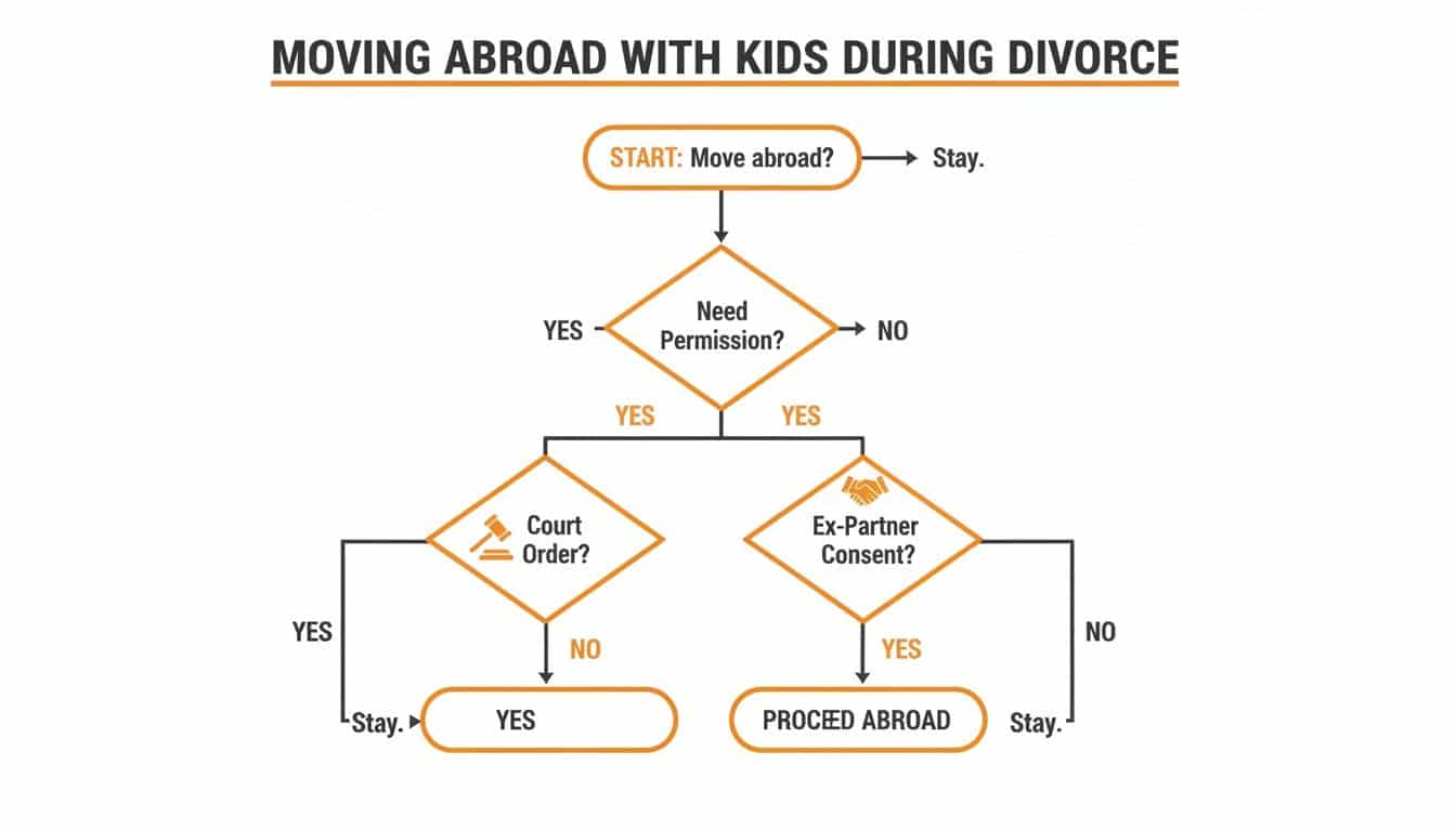 Flowchart illustrating the legal steps and permissions needed to move abroad with children during a divorce.