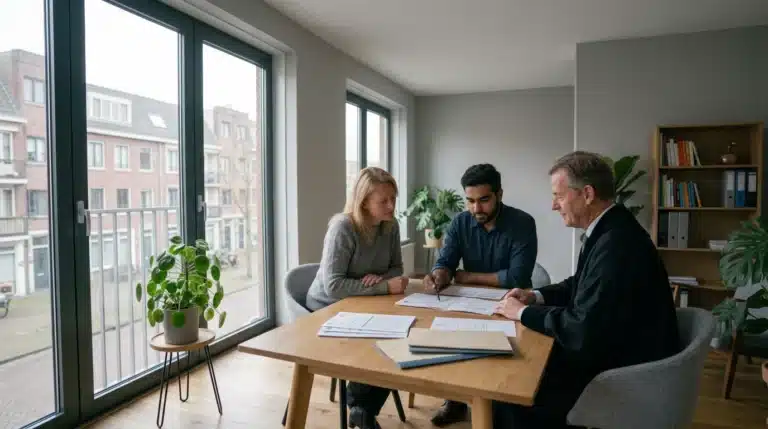 Several people seated around a table with documents beside tall windows