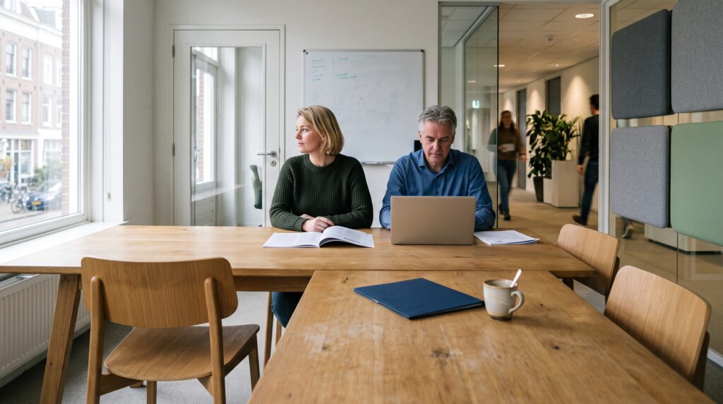 Empty chair at a meeting table after one party has broken off contract negotiations