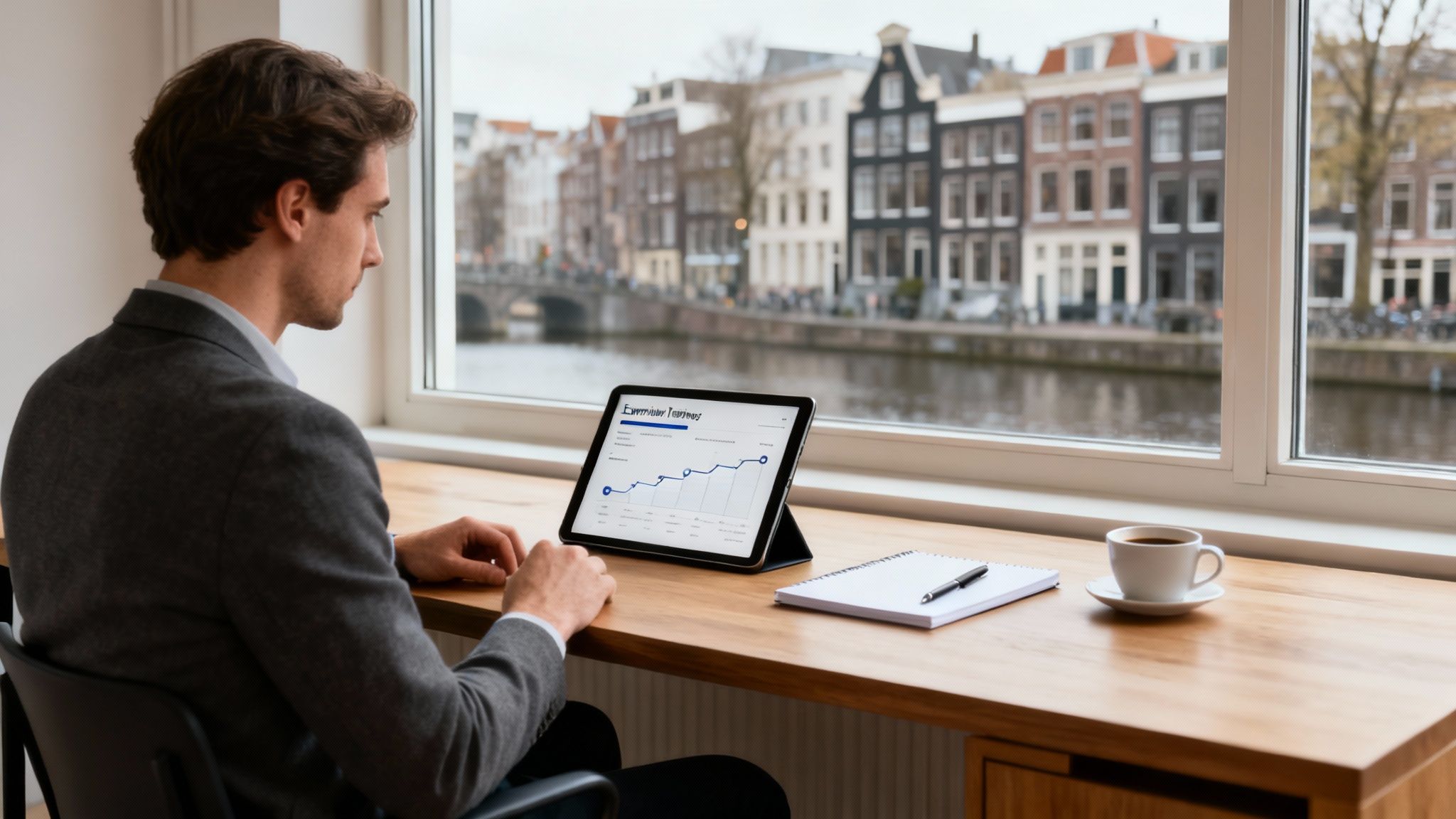 Professional man analyzes data on a tablet by a window overlooking a picturesque canal city.