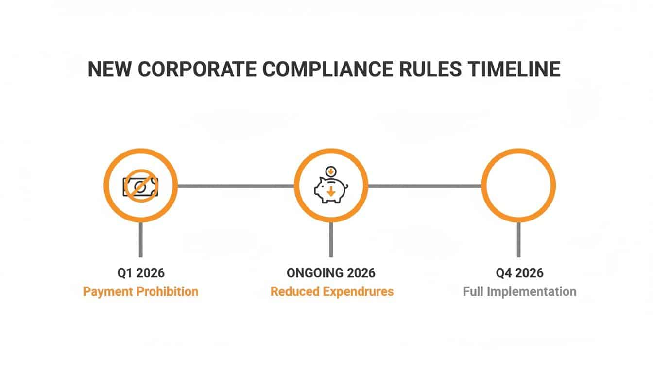 Timeline illustrating new corporate compliance rules for 2026, including payment prohibition, reduced expenditures, and full implementation.