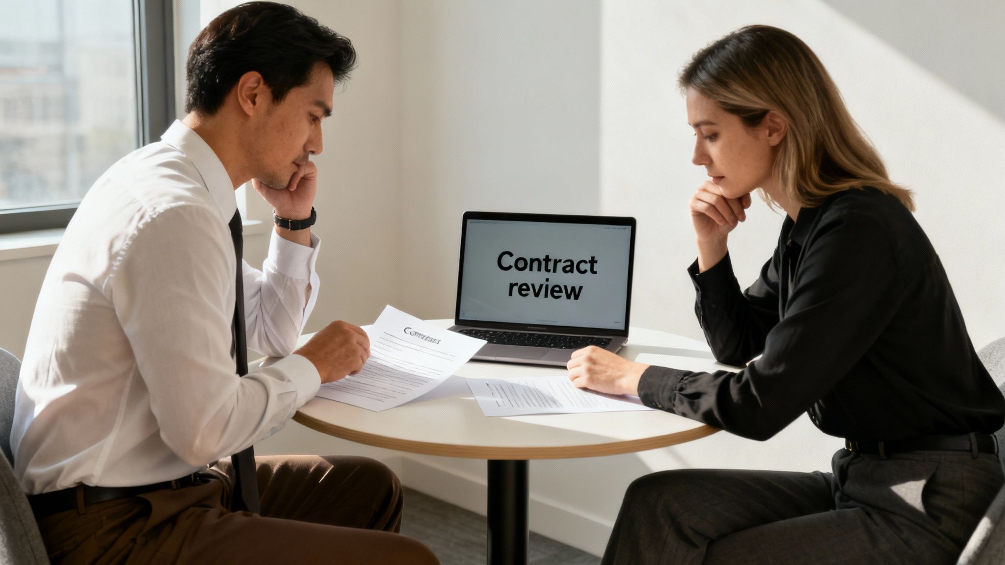 Two business professionals review a contract on a laptop during a meeting.