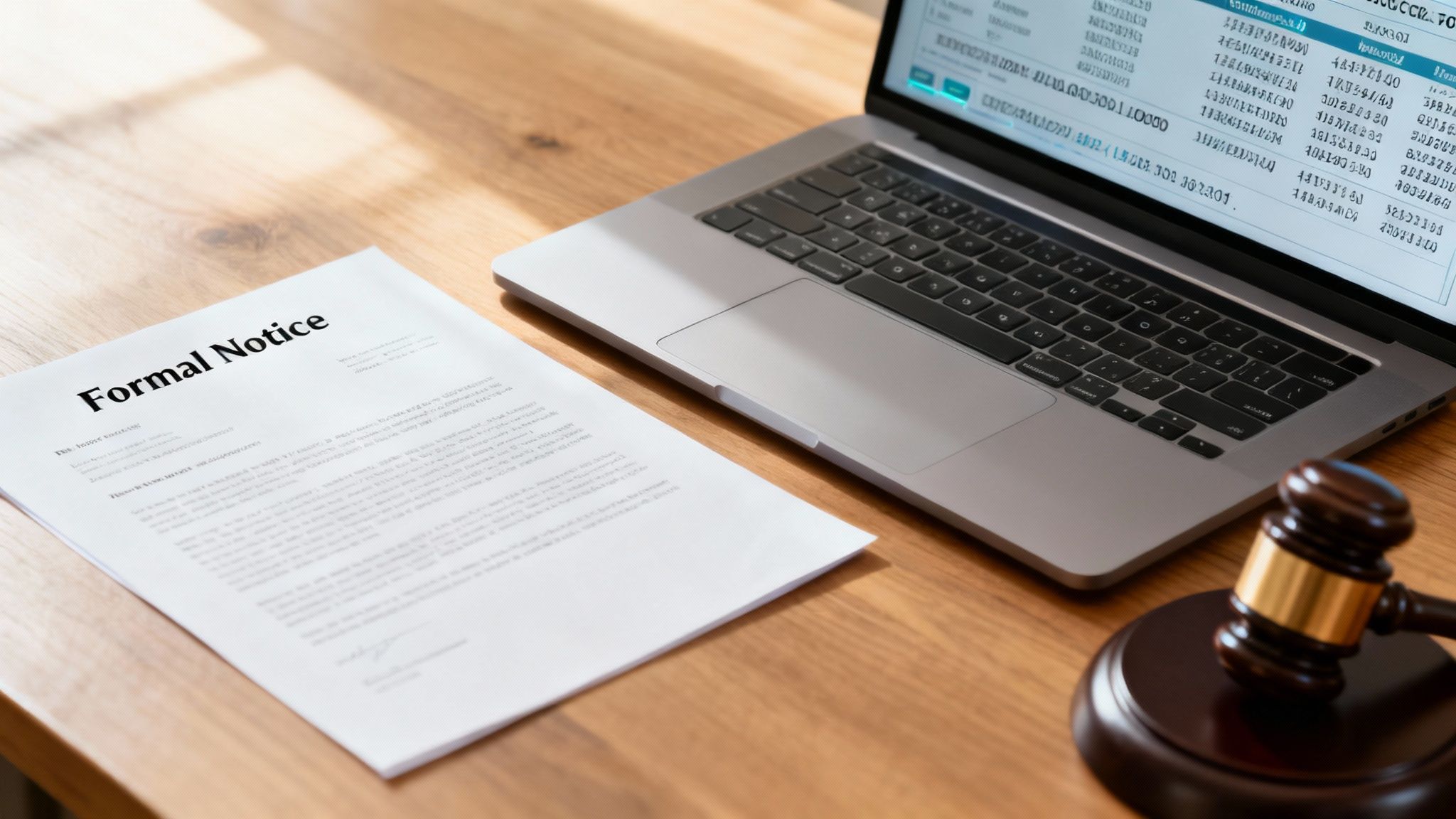 A formal notice document, a laptop displaying data, and a judge's gavel on a wooden desk.