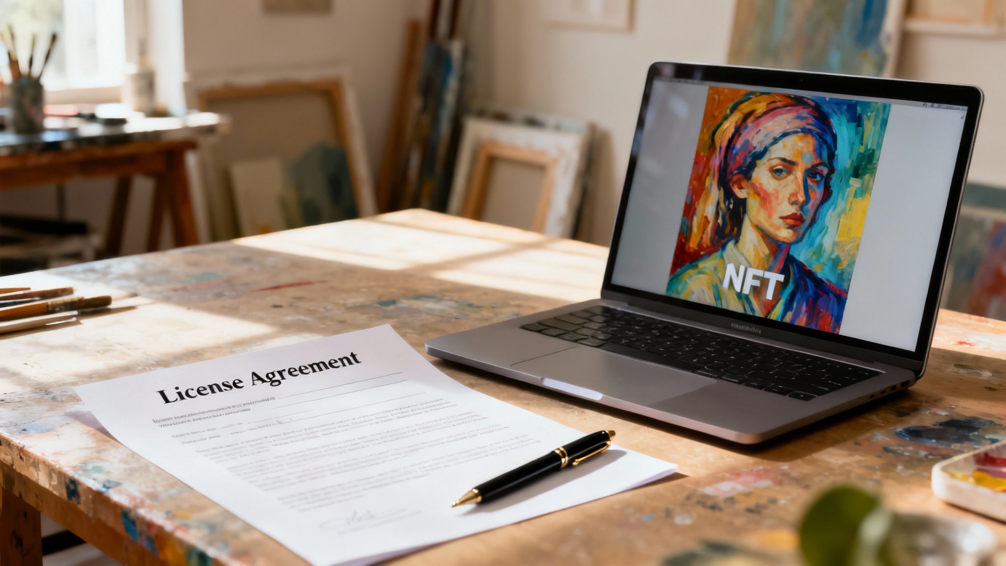 A laptop displays a colorful NFT artwork, placed next to a license agreement and a pen on an art studio desk.