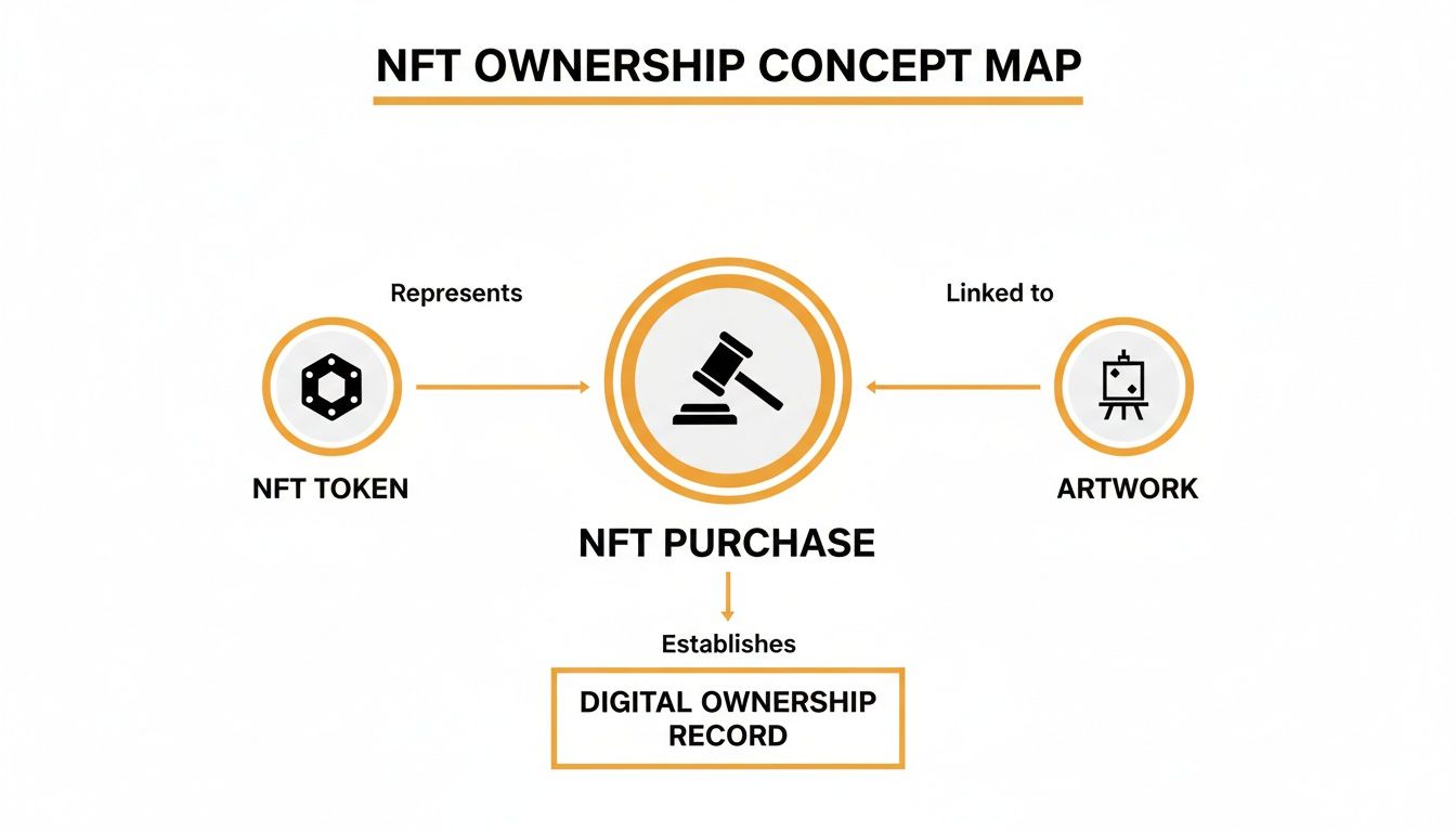 A concept map illustrating NFT ownership: an NFT token represents an NFT purchase, linked to artwork, establishing a digital ownership record.