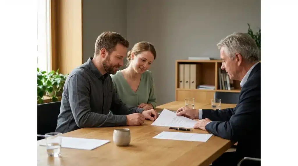 Two clients signing documents at a table while an older man in a suit looks on
