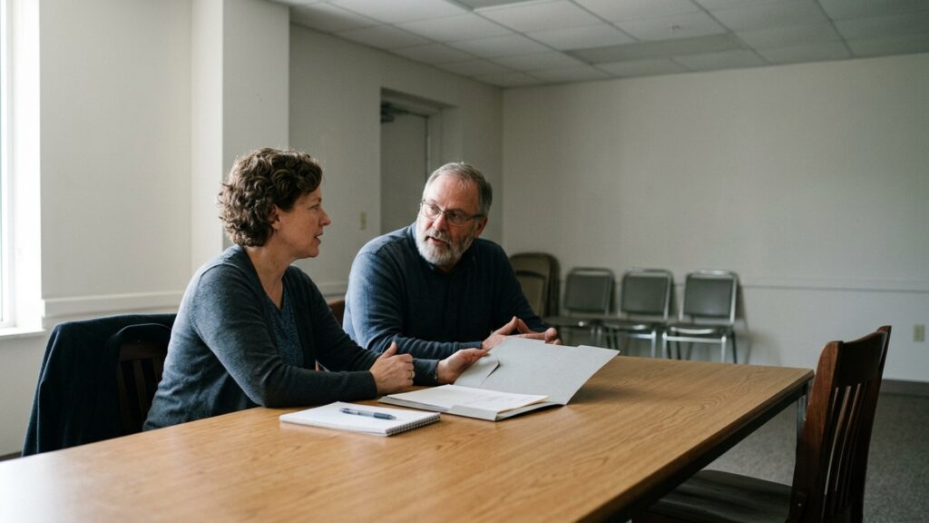 Two people with a folder and a notepad facing an empty chair in a municipal meeting room