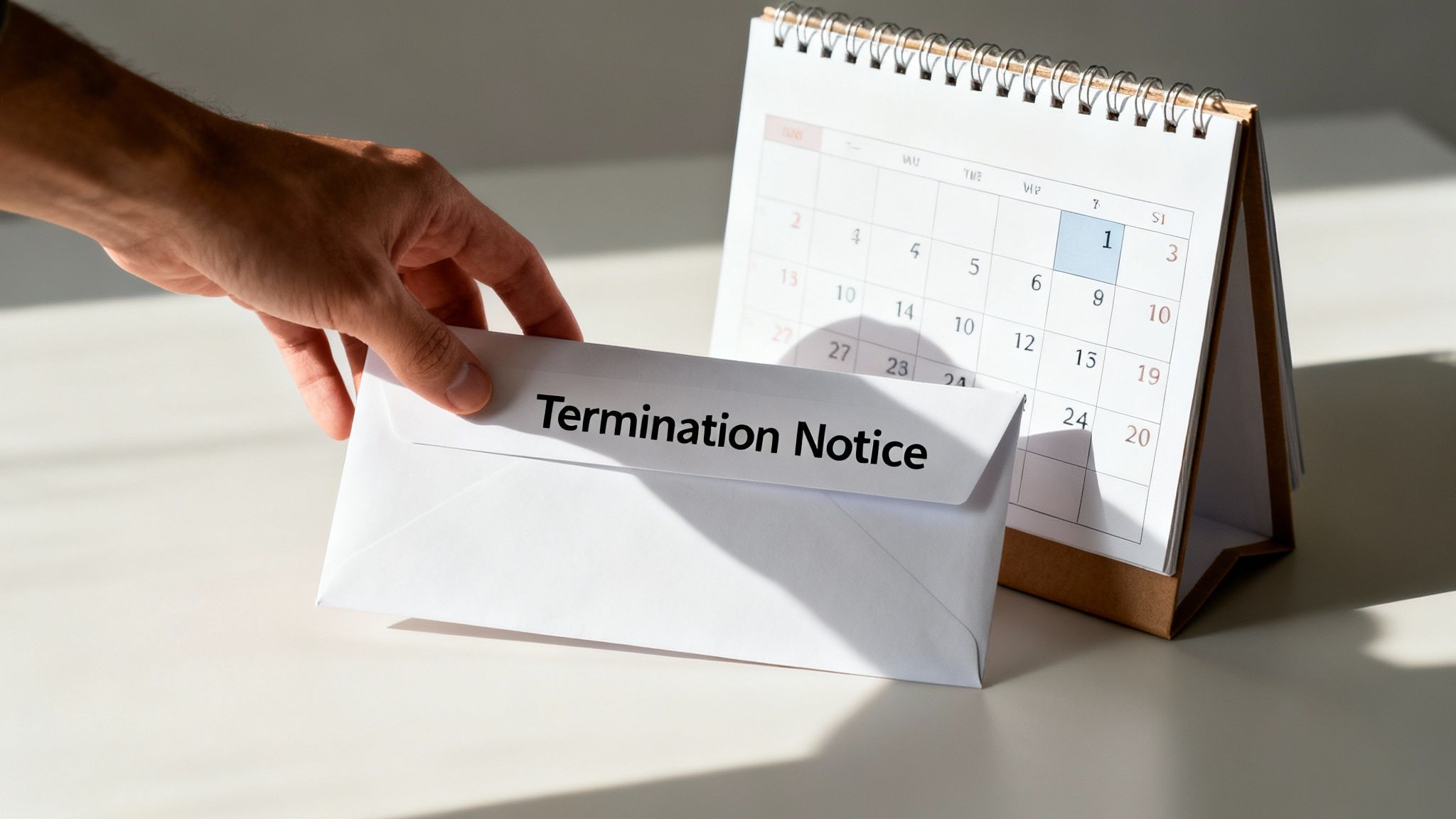 A hand places an envelope labeled 'Termination Notice' next to a desk calendar with '1' highlighted.