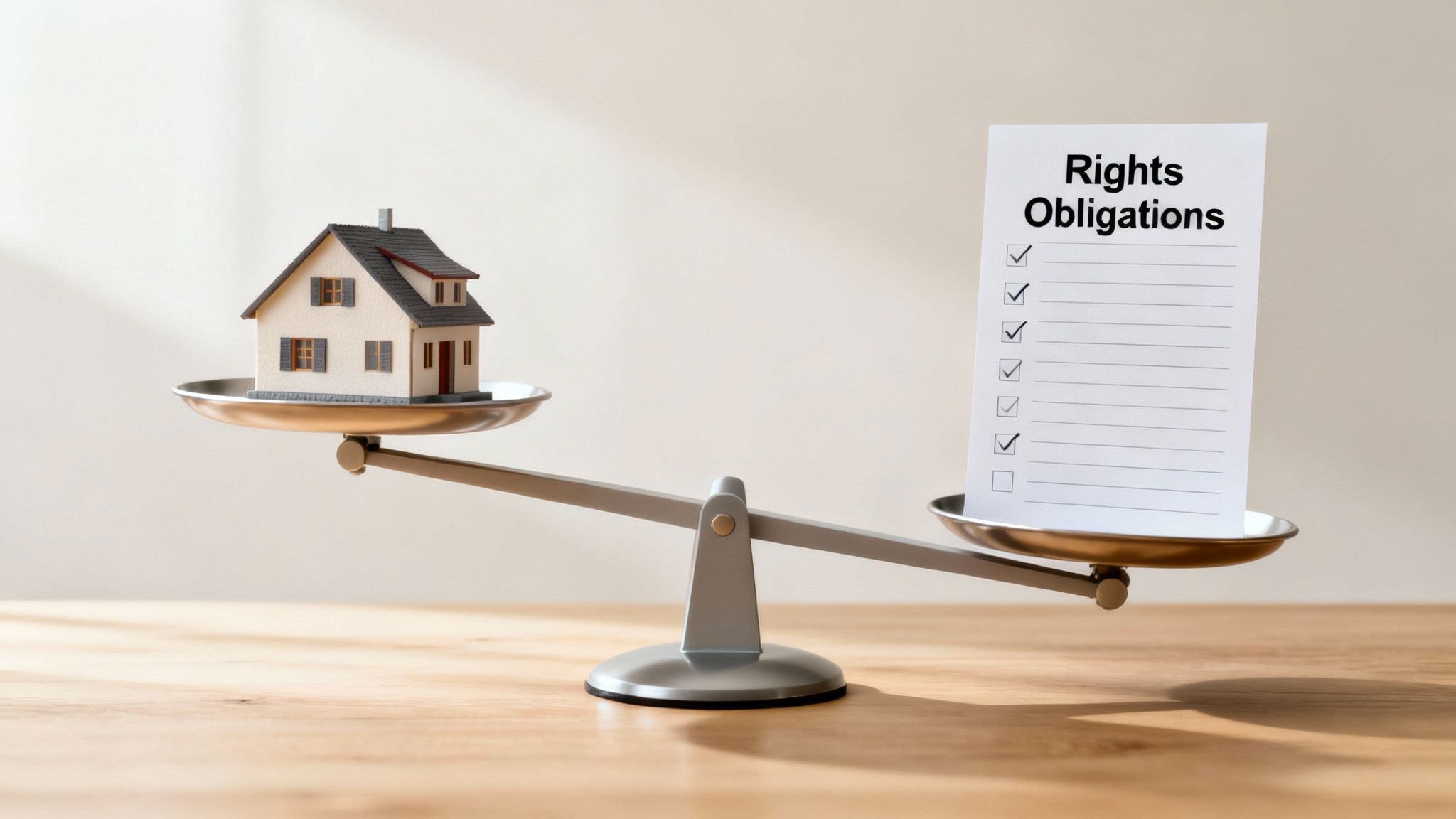 A balance scale weighing a model house against a document titled 'Rights Obligations' with checkmarks.