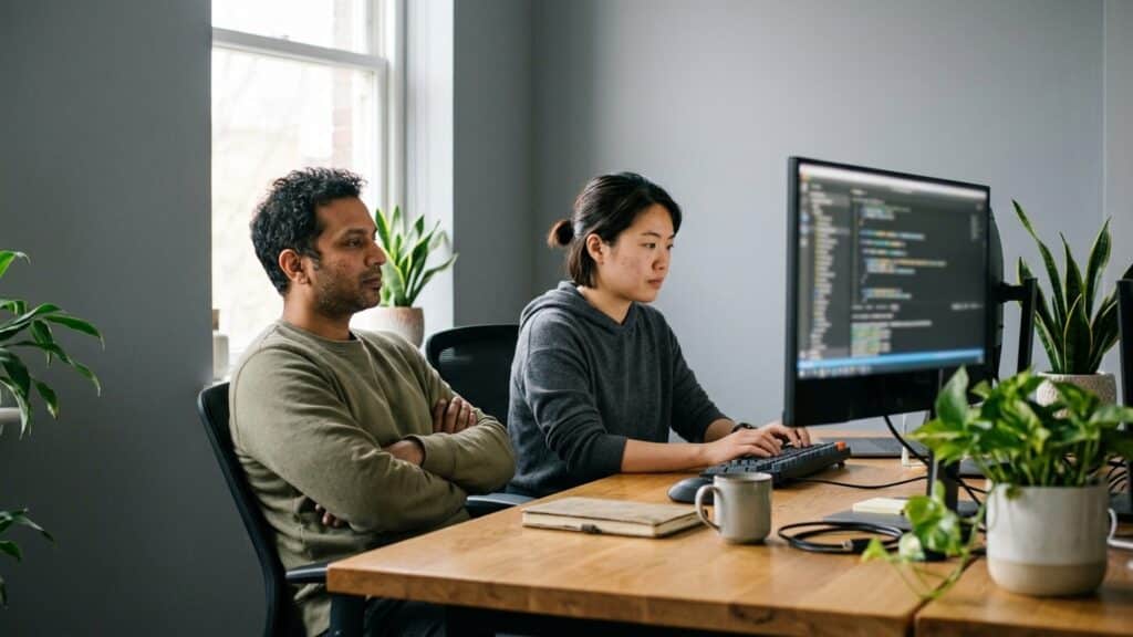 Two developers at one workstation discussing code, one leaning back with arms folded