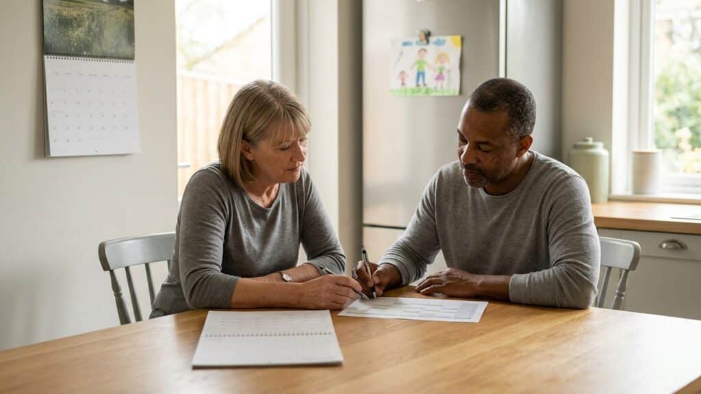 Two parents working through a care schedule and a calendar at a kitchen table