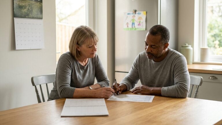 Two parents working through a care schedule and a calendar at a kitchen table