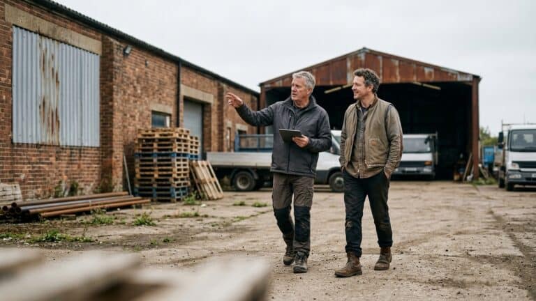 An inspector and a business owner walking across the yard of a small industrial site