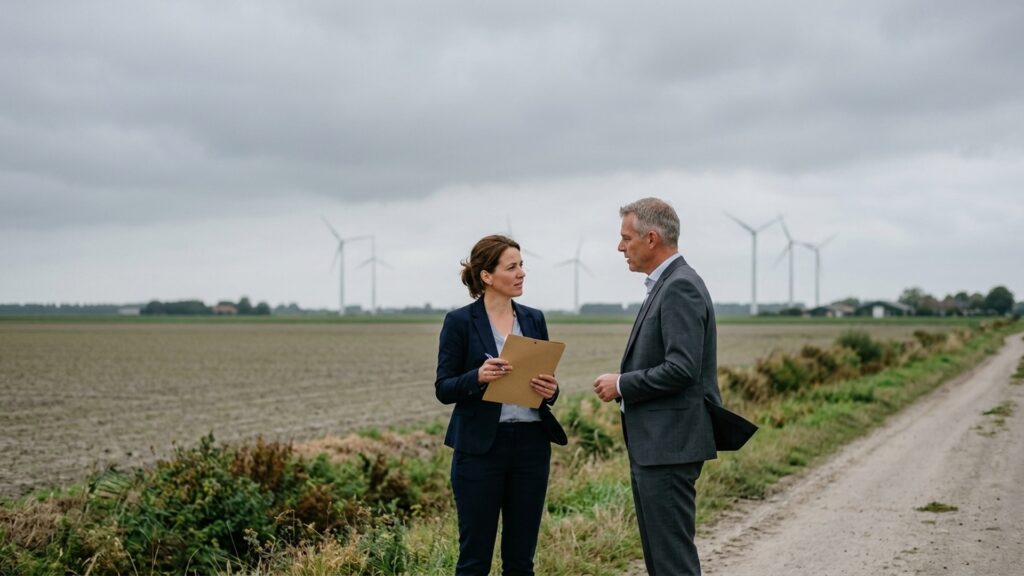 Two people in business clothing at the edge of a Dutch wind farm on flat farmland