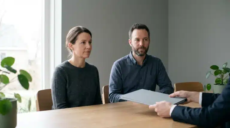 Un uomo e una donna seduti a un tavolo di fronte a un consulente, con un documento tra di loro.
